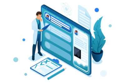 Illustration, Arzt steht vor Tablet mit Abbildung der E-Patientenakte
